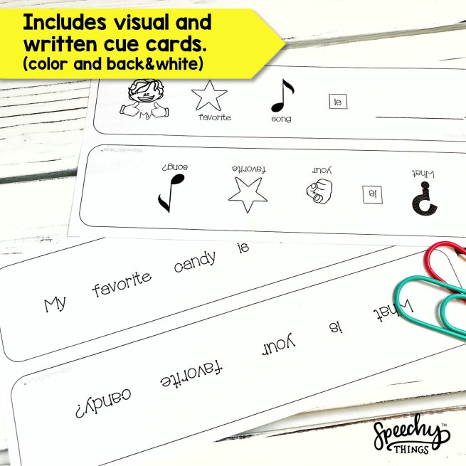 These adapted conversation starters provide the visual support needed to practice conversation skills with your students. They are SO helpful not only to support their response, but also for learning to return a question to their conversation partner. This resource makes it easy for many students to participate in a conversational activity who otherwise may not be able to.