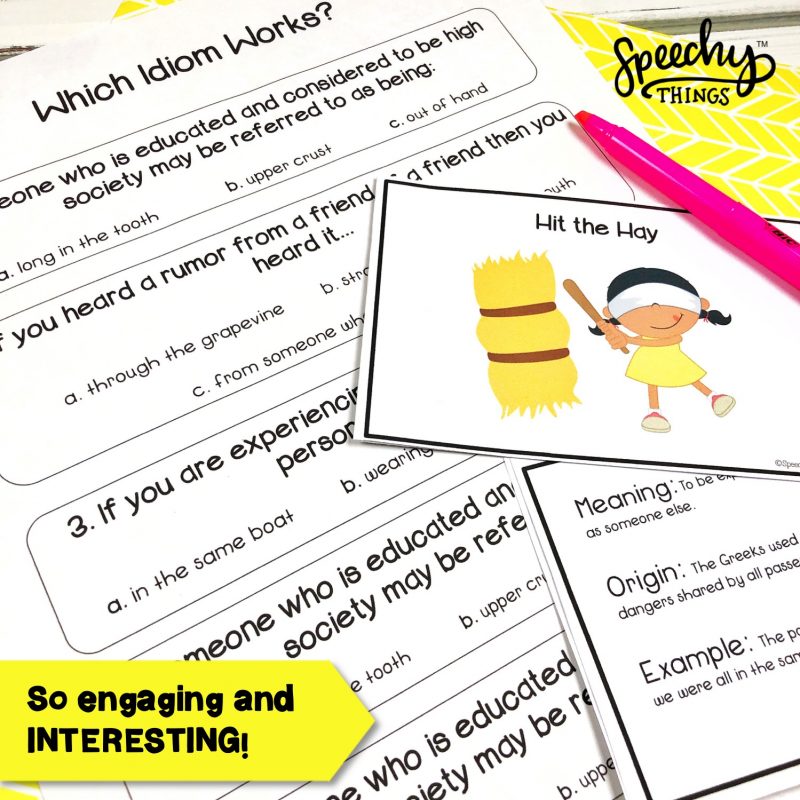 Image of figurative language resource, "Idioms and Origins" cards and worksheets for speech and language therapy.