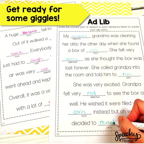Speech therapy adlib worksheets for part of speech and grammar.