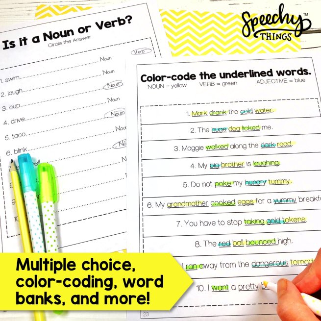 Speech therapy color coding worksheets for part of speech and grammar.